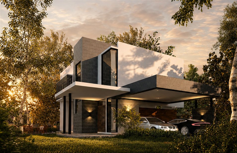 Contemporary Bungalow — stone and timber residence with garden court